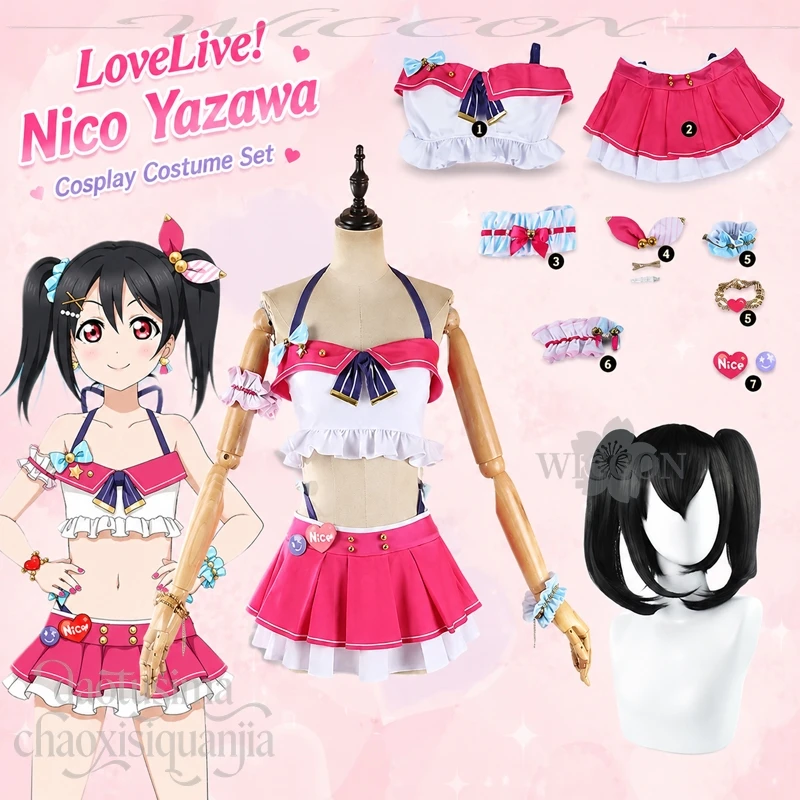 Cute Pink Bikini Swimwear Cosplay Outfit Nico Yazawa Stylish Summer Dress Wigs From LoveLive For Holiday Cosplay Gathering view 2