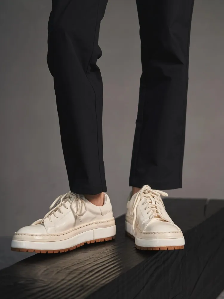 Spring Summer Handmade Vintage Design Mens Breathable Horsehide Genuine Leather Shoes Lace Up Round Toe Platform Casual Sneakers