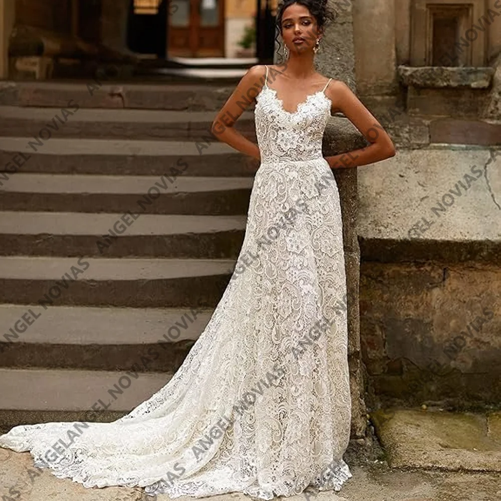 Angel Novias レース ボヘミアンレース Aライン ウェディングドレス ストラップ付き カスタマイズされたアップリケ ブライダルガウン メッシュローブ 結婚式パーティー用