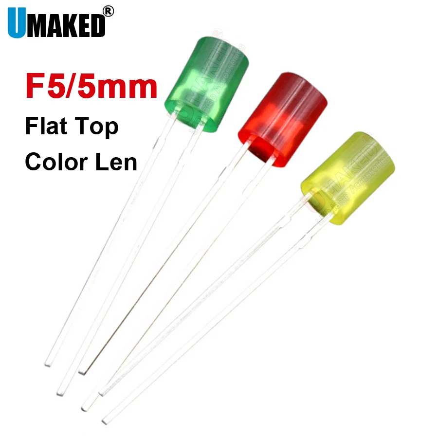 

1000pcs 5mm Color LEN LED flat top lamps diodes chip 20mA light beads F5 led Emitting diodes R/G/Y Lighting DIY lamp