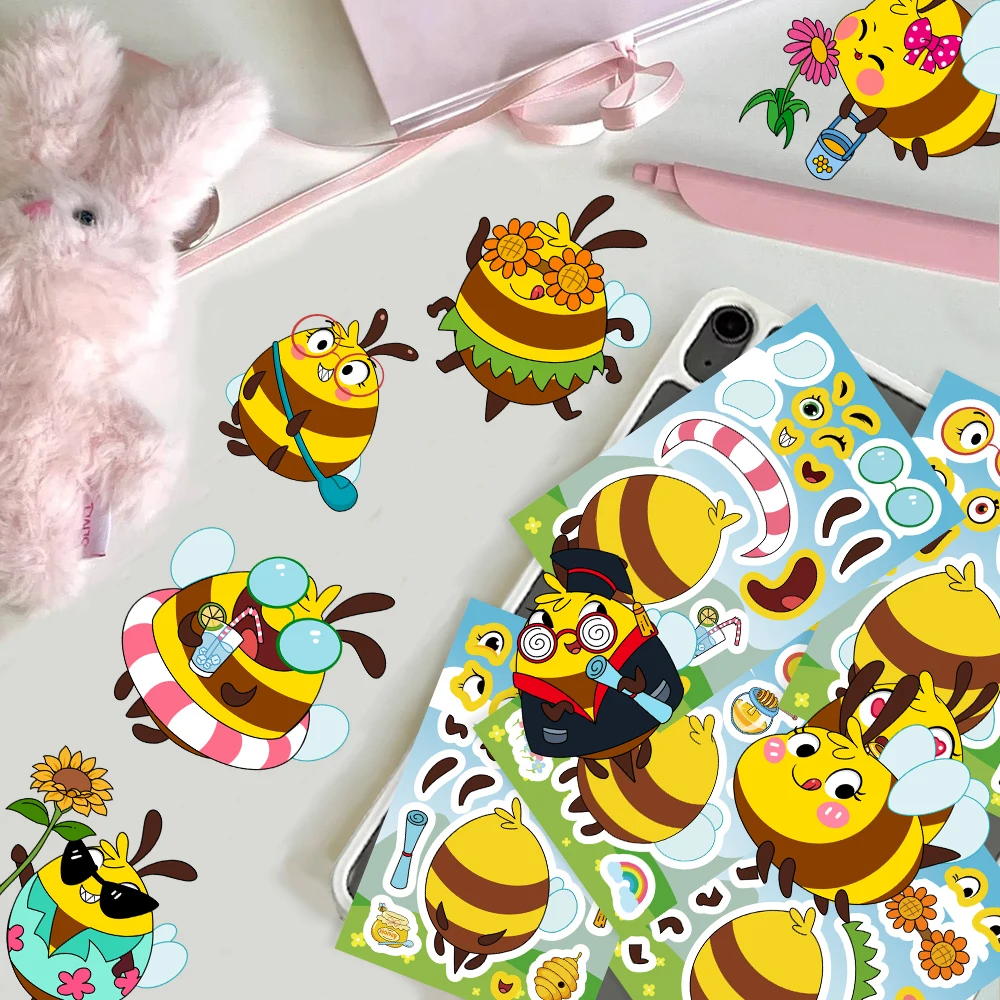 8PCS Bee Cute Puzzle Stickers Cartoon Creative Fun DIY Account Material Manual Tablet Decoration Waterproof Stickers