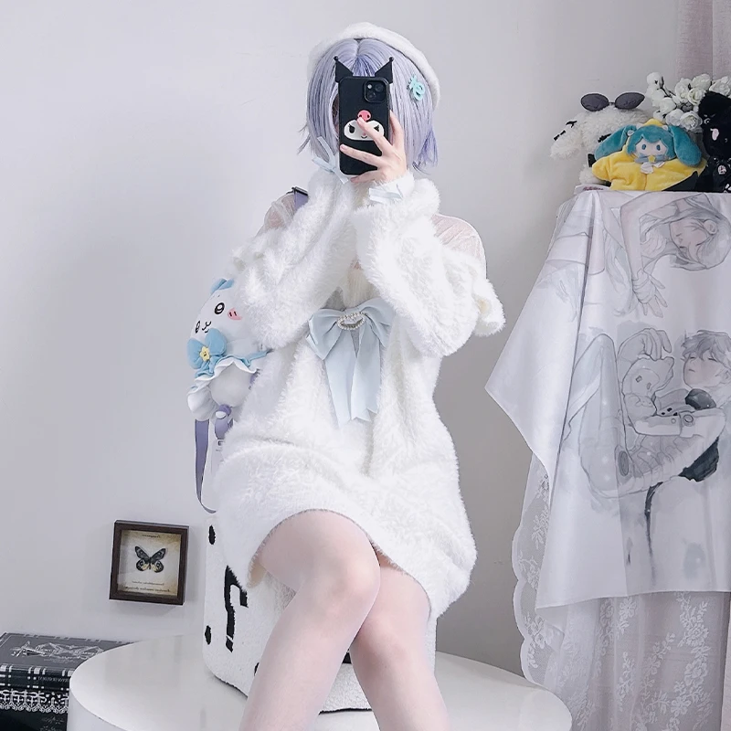 Original Aquarell süßer süßer Stil japanischer vielseitiger Herbst Winter langer schulterfreier Pullover Langarm Pullover Top