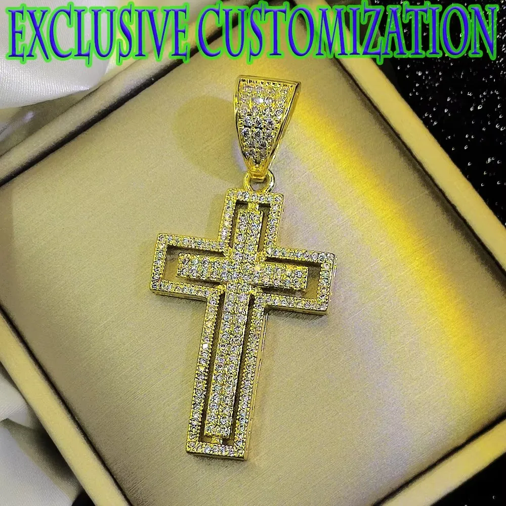 Fashionable new custom trend necklace with diamond cut out design cross gold pendant, 18K gold plating, hip-hop boutique culture