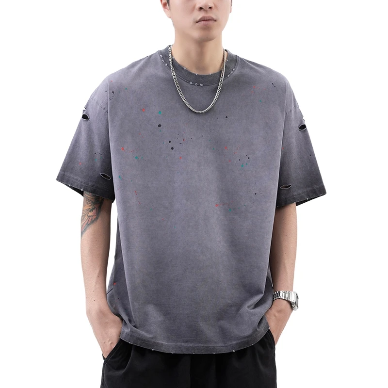 Oversized Vintage Men Washed T Shirt Splatter Print Distressed Hem Casual Streetwear Short Sleeve Top Summer Fashion 1P3H
