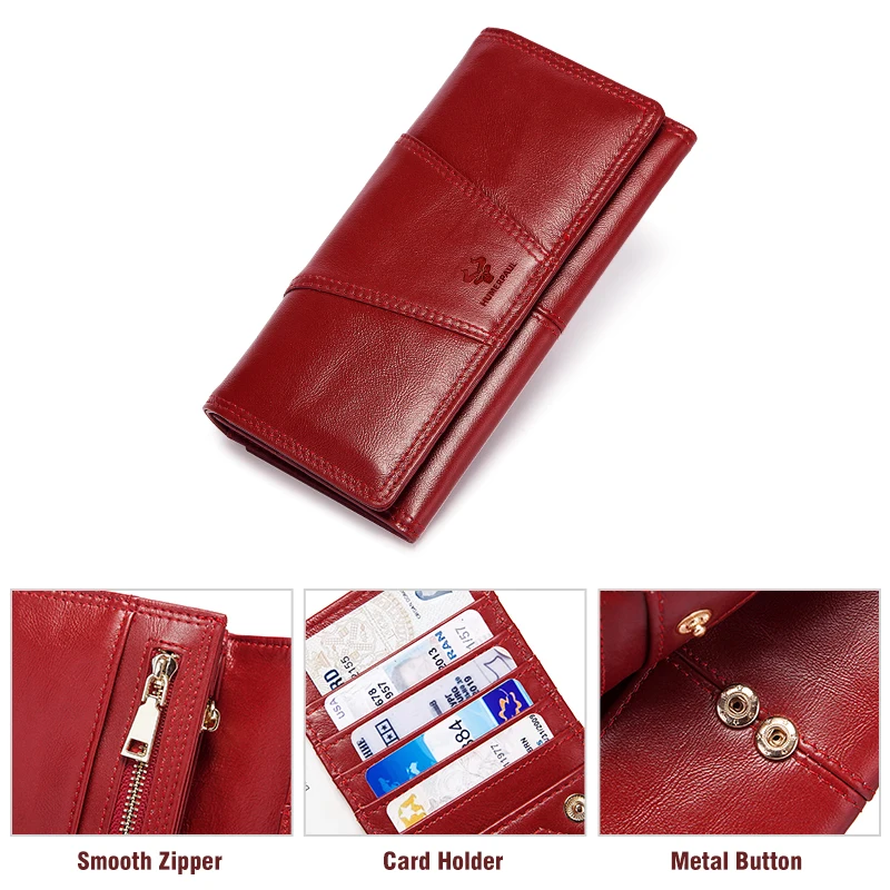 KAVIS 100% Genuine Leather Women Wallets Long Clutches Female Handy Wallet For Girls Lady Cell Phone Holders Money Pocket