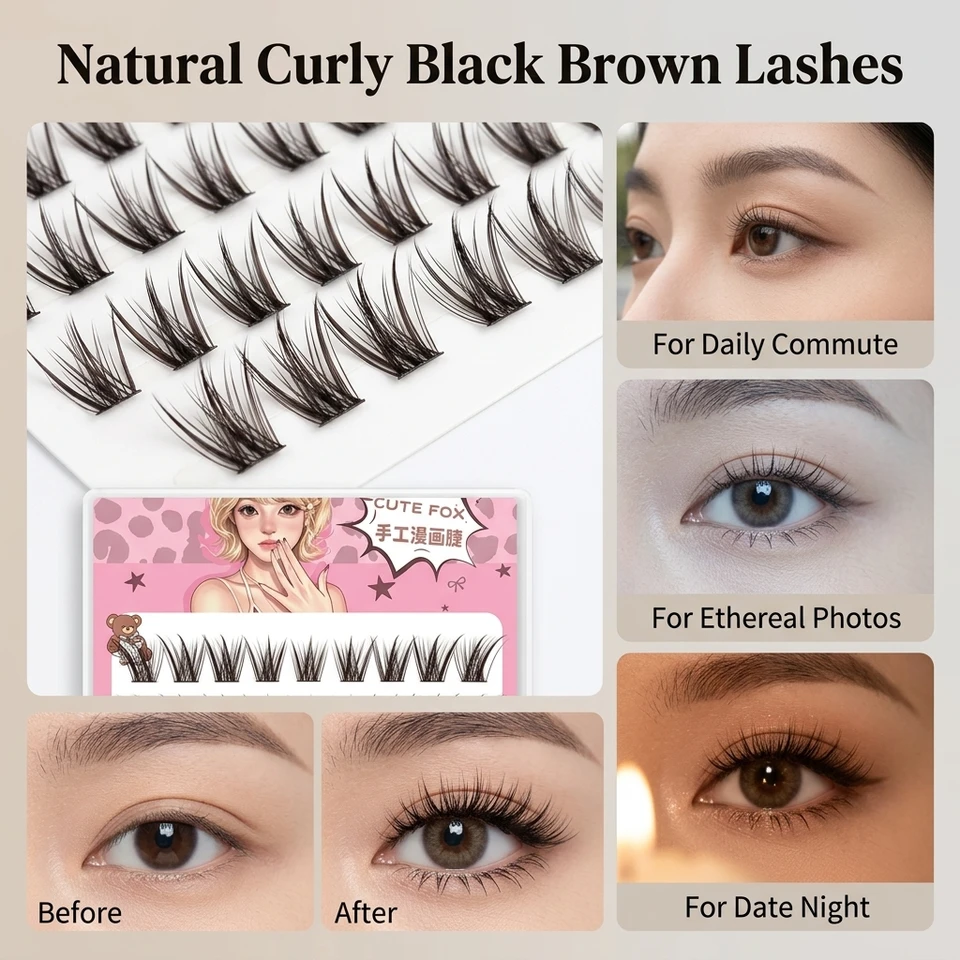 8 filas de pestañas postizas efecto ojo de zorro, naturales, rizadas, finas, para belleza ocular, negras o marrones, sintéticas 5