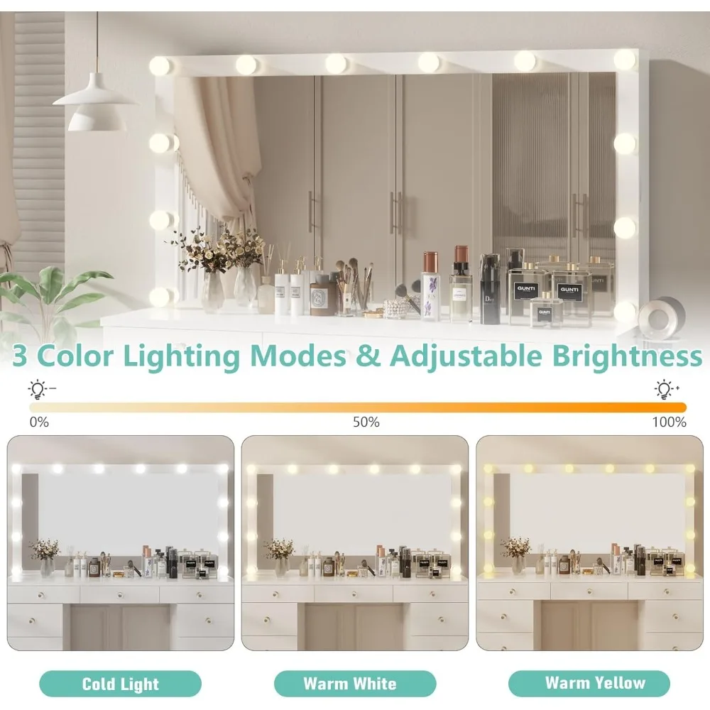 Meja Rias Rias Menyala dengan Cermin, Laci, dan Penyimpanan Perhiasan berwarna Putih