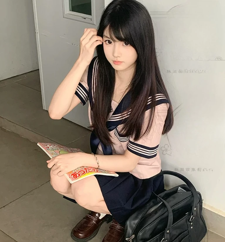 JK Uniform Summer Japanese Navy Collar Sweet Pink Slim Short Sleeve Shirt Fashion A-line Age Reducing Pleated Skirt College Sets
