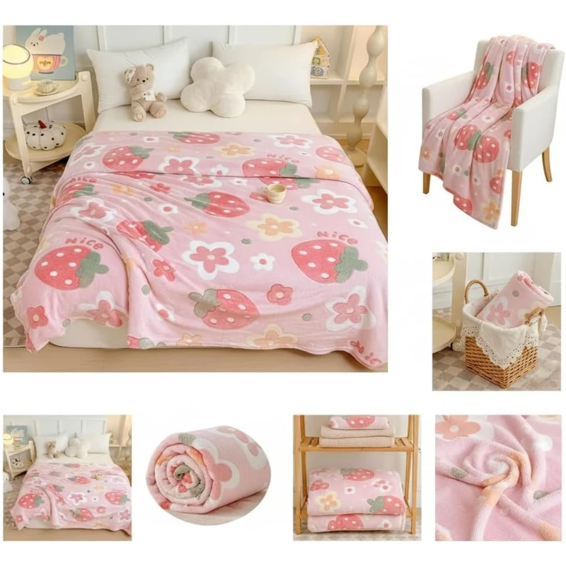 Snowflake Fleece Throw Blanket Cute Strawberry Floral Print Soft Warm Lightweight Blanket for Sofa Bed Office Nap Travel Camping