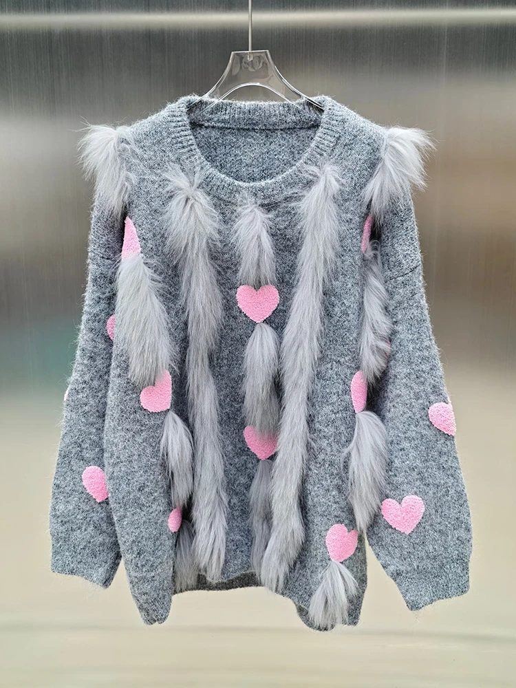 2025年女性用秋の本物の毛皮プルオーバーコート、本物のキツネの毛皮ストライプOネックニットセーターコート、女性用高級ジャケット