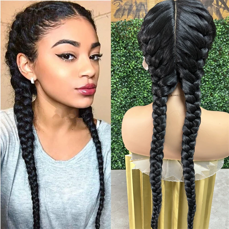 Girl Natural Synthetic Lace Wig Sale Long Braided Wigs Lace Wig With 2 Braids For Black Women African Box Cornrow Braids Wigs