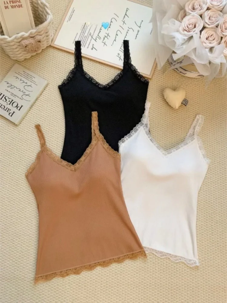 레이스 트림 V넥 스트랩 베스트 여성 이너웨어 가슴 패드 내장 슬림핏 따뜻한 베이스 레이어 퓨어 디자이어 걸 슬레