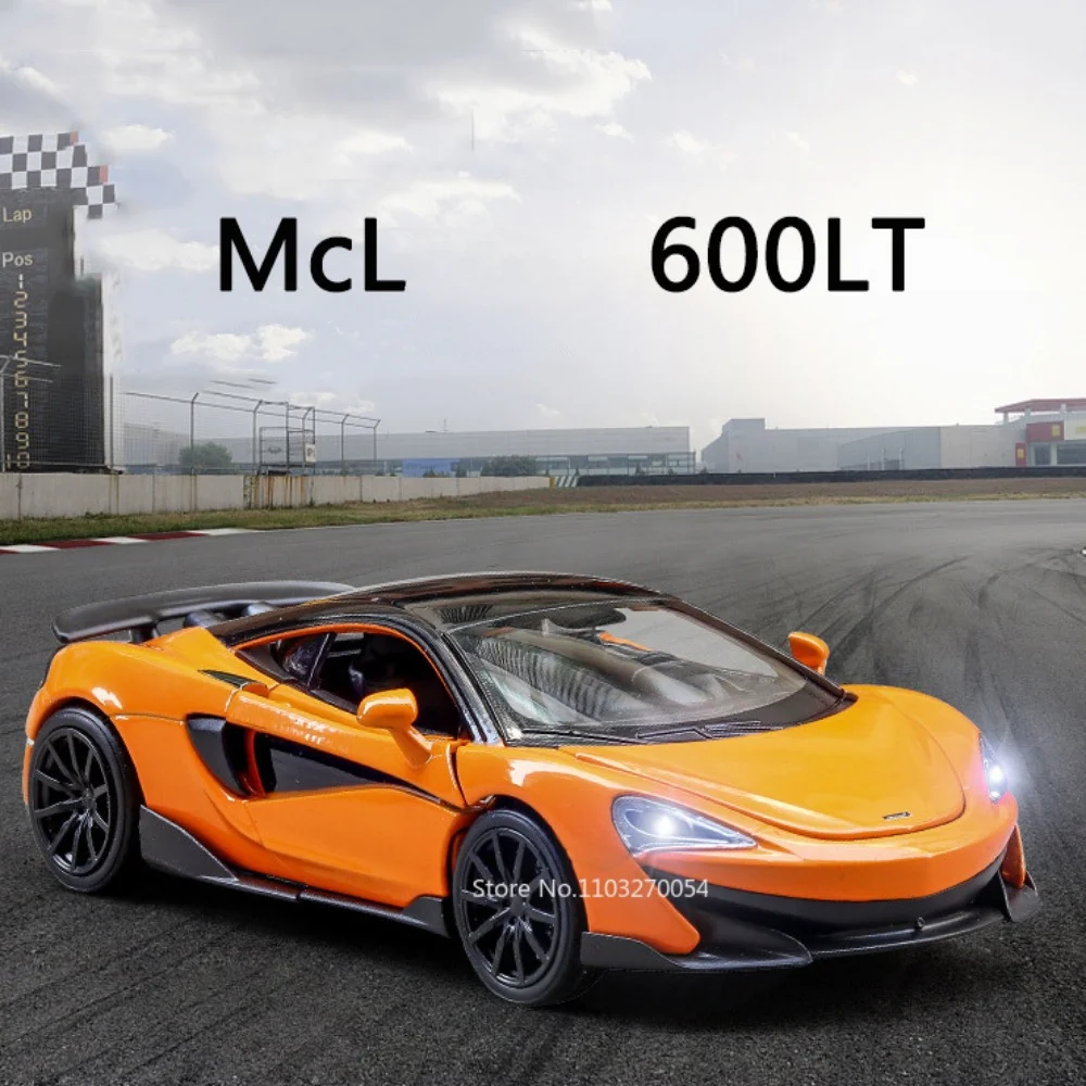 1/32 MCLen 600LT Toys Model Car Alloy Diecast Sports Car Rubber Tires 3 Door Opened Sound Light Pull Back Vehicle Gift for Kid