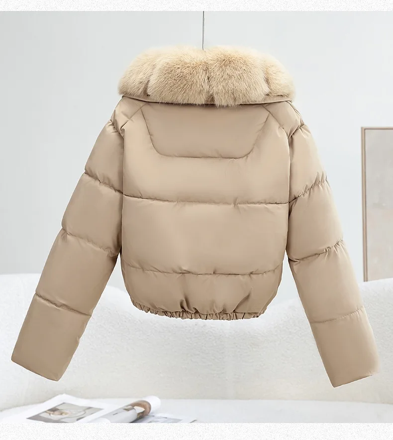 Korean Trend 2026 Winter New Women's Solid Color Short Down Cotton Jacket Simple V-neck Fashion Loose Fur Collar Jacket