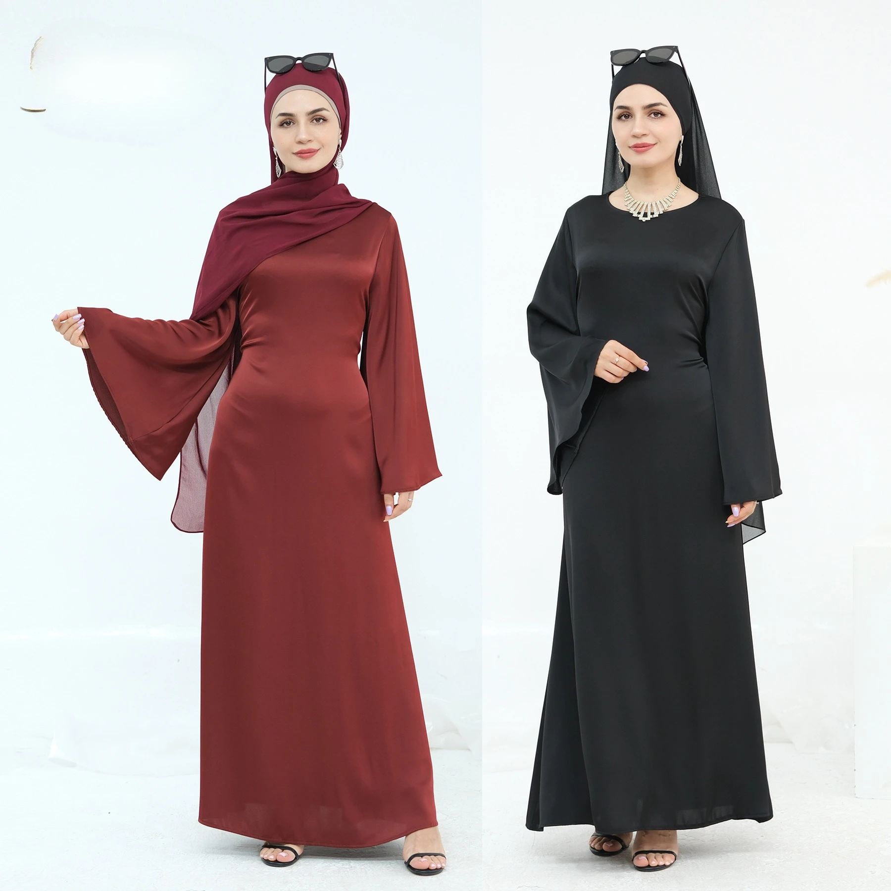 

Abaya Dubai 2025 Premium Solid Color Maxi Satin Dress Big Sleeve Belt Tied at Back Women Muslim Dress Islamic Clothing