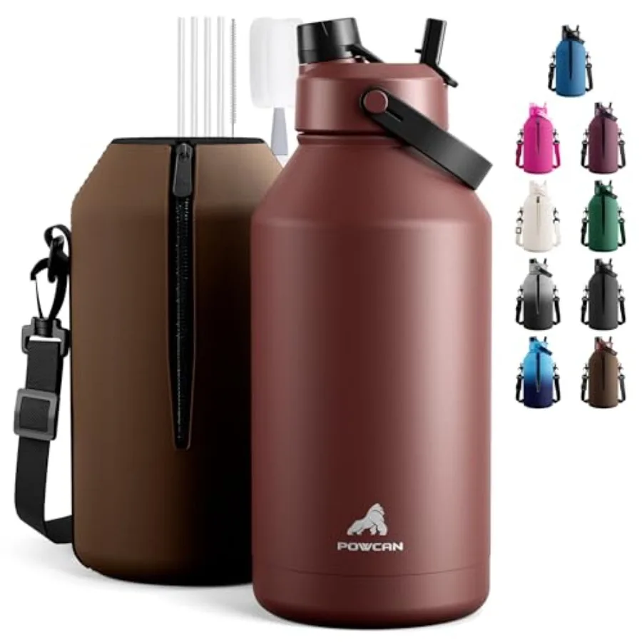 

64 oz Insulated Water Bottle with Carrier Bag Leakproof Straw and Spout Lid Keep Cold 48H Cleaning Brush BPA-Free Stainless Ste
