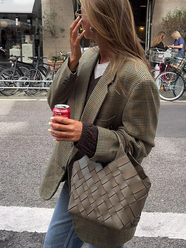 

Осенний новый женский ретро темпераментный простой повседневный шерстяной пиджак с длинными рукавами в европейском и американском стиле с узором «гусиные лапки»