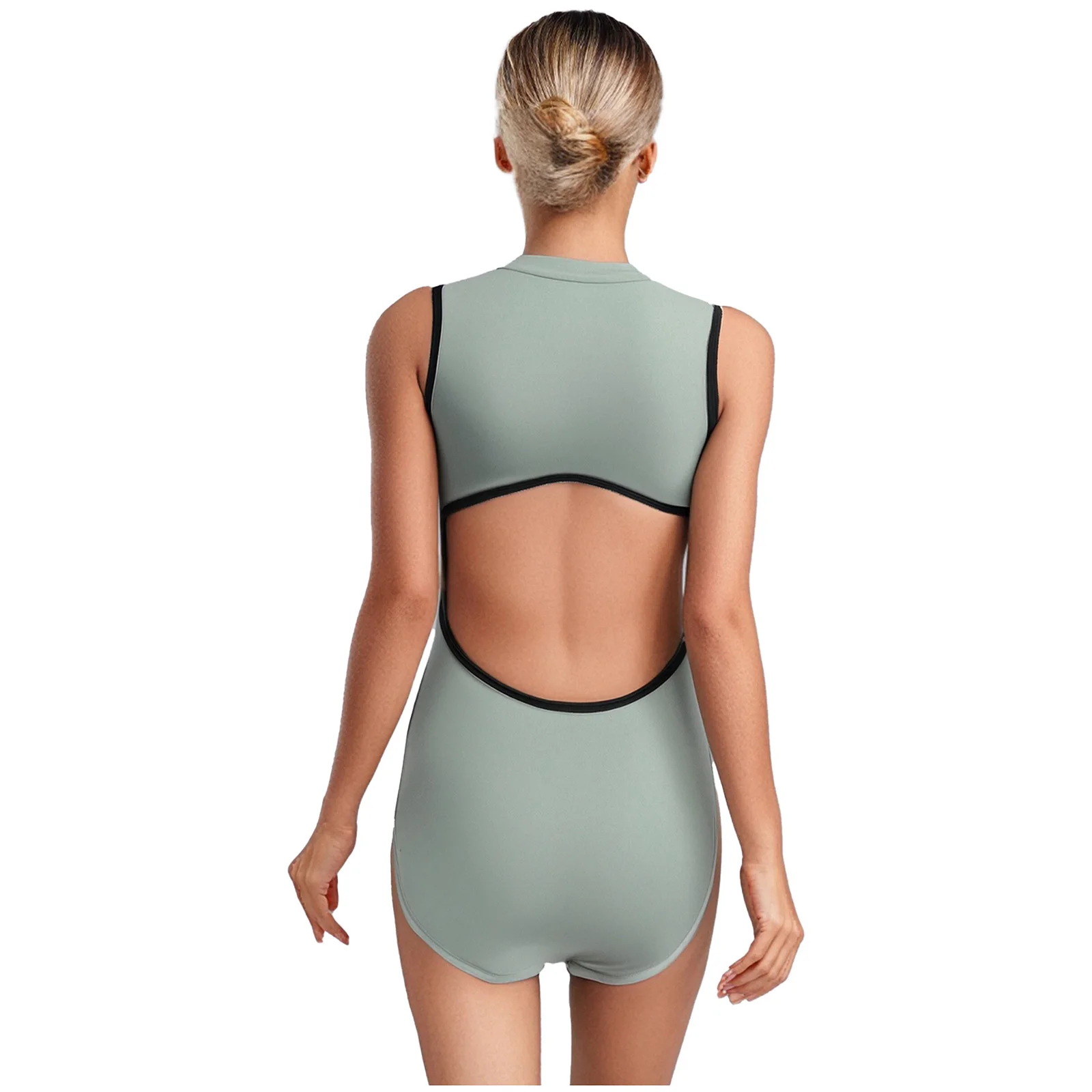 Damski profesjonalny trykot baletowy bez rękawów z wycięciem na plecach, przedni krótki zamknięcie, wyjmowane miseczki, obcisły kombinezon gimnastyczny.