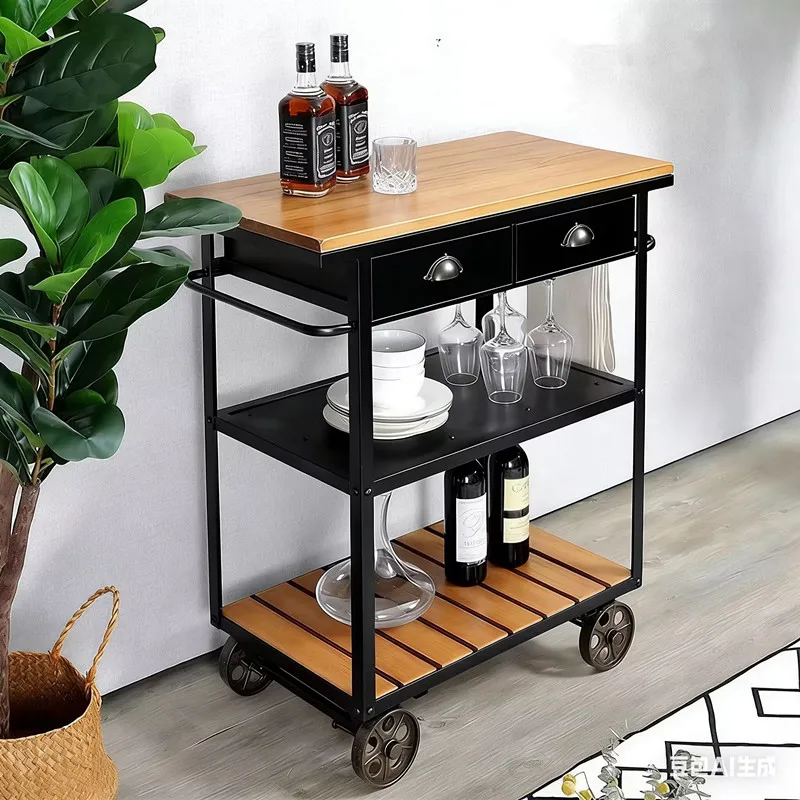 Solid wood wrought iron movable with wheels, side cabinet, dining cart, dining table, kitchen cooking table