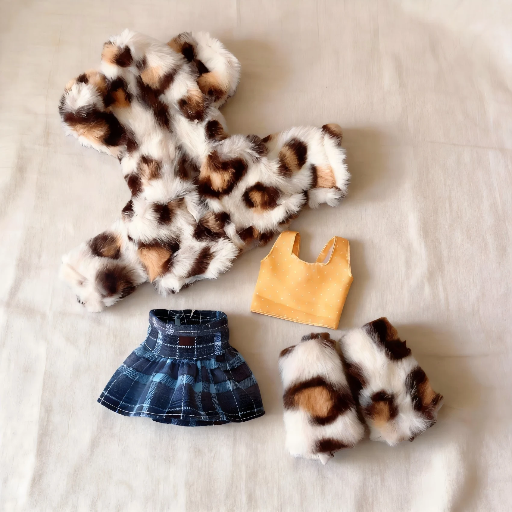 

Leopard Faux Fur Coat Yellow Star Tank Top 30cm 1/6 BJD Clothes Set with Plaid Skirt Fur Leg Warmers Y2K Bold Doll Fashion