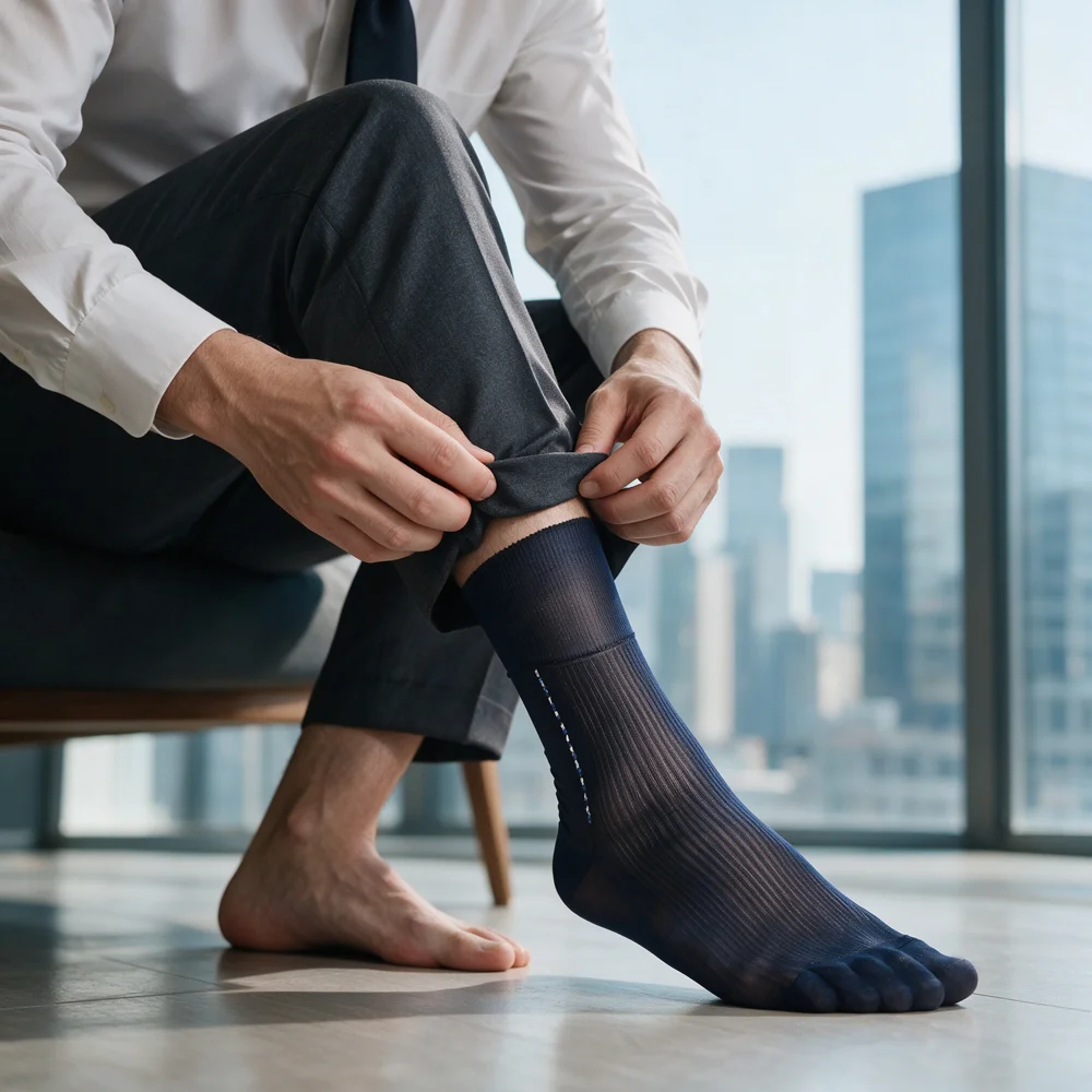 Men's Sheer Business Dress Socks Vertical Striped Mid‑Calf Formal Nylon Socks Thin Breathable Office Suit Socks For Men