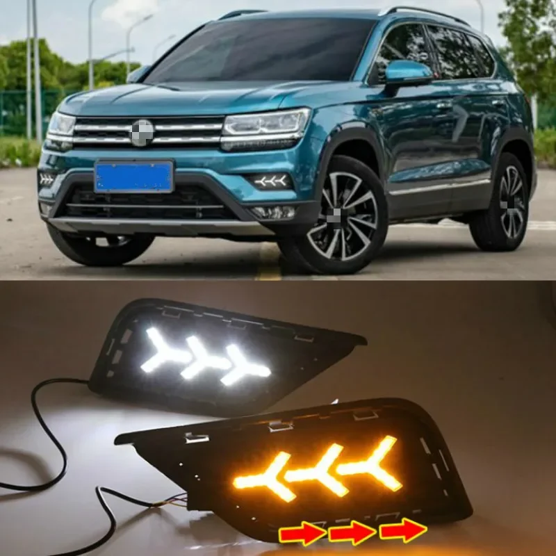 2Pcs LED DRL Daytime Running Light Daylights For Volkswagen VW Tharu 2019 With Yellow Turn Signal Fog Lamp Cover night blue