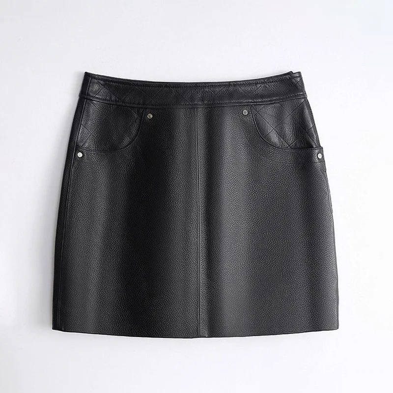 Leather Skirt for Women 2024 New Trendy Retro Granular Bubble Leather High Waist Straight Jupe Lattice Embroidery Mini Skirt