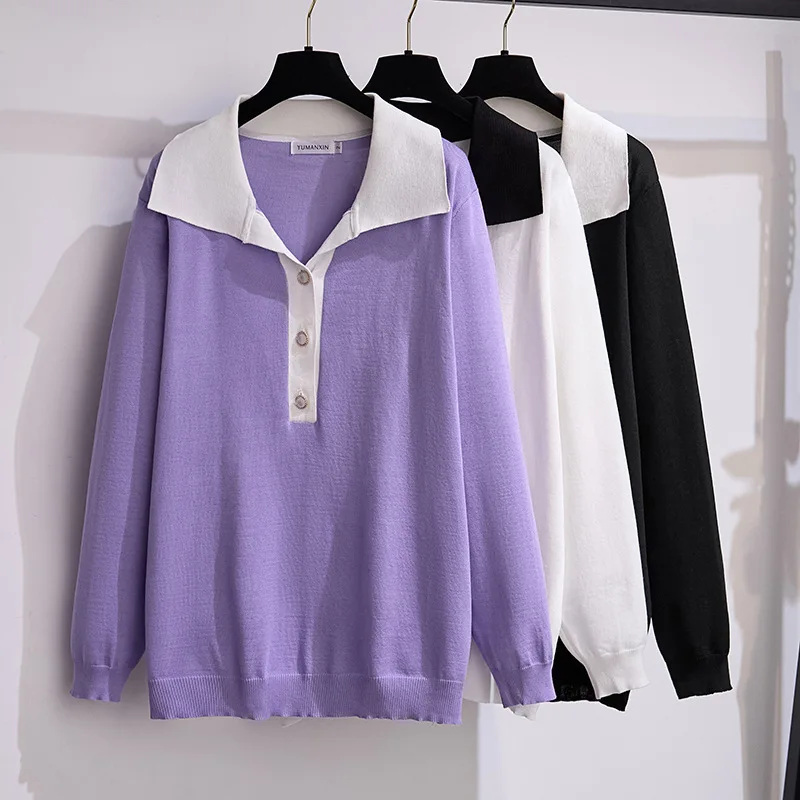 

170Kg Plus Size Women's Bust 160 Autumn Loose Ice Silk Polo Long Sleeve Knit Sweater Top 5XL 6XL 7XL 8XL 9XL10XL 3-Colors