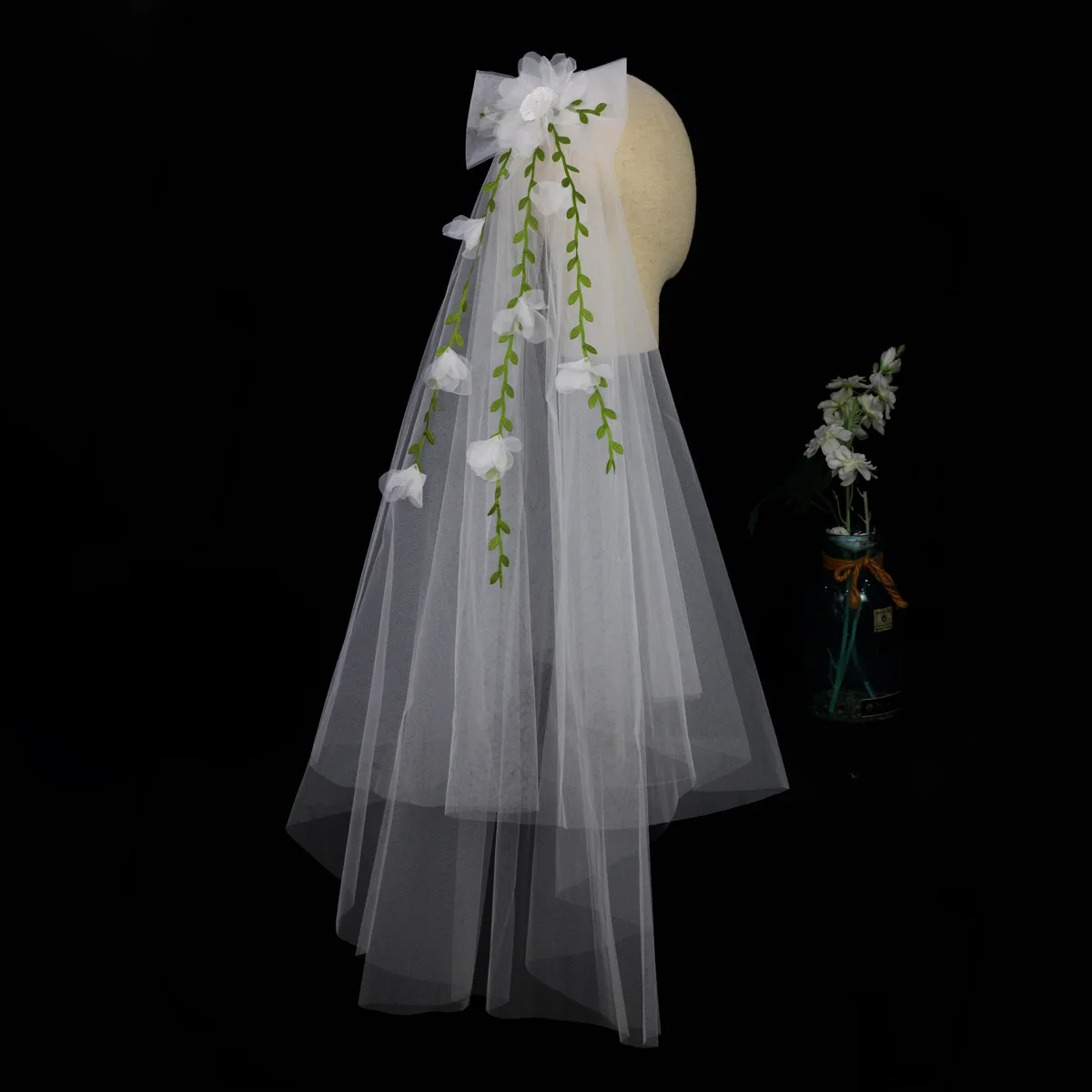 Velo de novia de doble capa, accesorio para el cabello de boda, lazo blanco, hoja verde, flor, tocados de viaje, dama de honor de Ceremonia de lujo para mujer