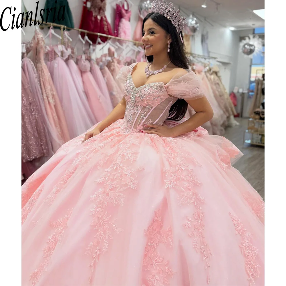 Light Pink Quinceanera Dresses Ball Gown Off Shoulder Sweet 16 Vestido de 15 Anos 3D Floral Appliques Tulle Prom Dress