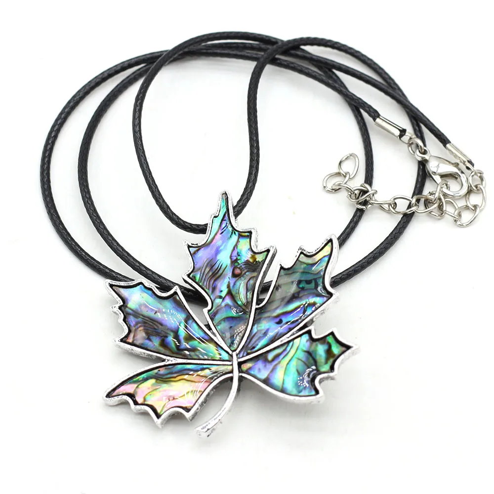 Natural Abalone Shell Pendant Necklace Vintage Maple Leaf Shape Alloy Brooch Necklace With Leather Rope Charm Jewelry For Women