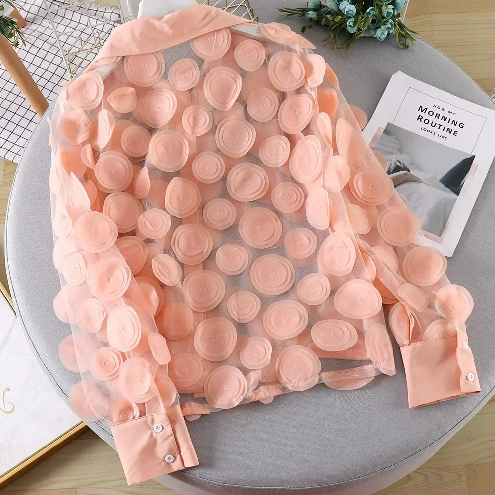 

Женская шифоновая рубашка в стиле Frenchcourt с объемным цветком, сетчатая рубашка в иностранном стиле с полыми рукавами-фонариками