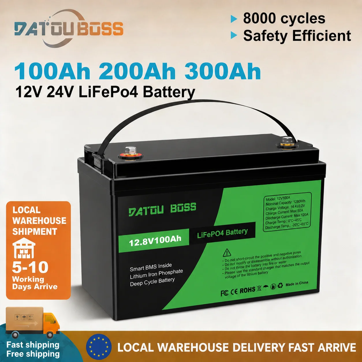 DATOUBOSS LiFePO4 12V Batterie mit BMS 8000 Zyklen, 100A 200A 300A, für Wechselrichter, Wohnmobil, Solarsystem, Boot, Haushalt, Solar