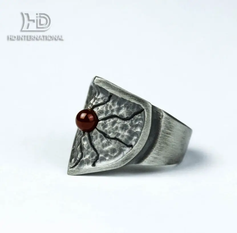 Brass inlaid red agate ring hammer-shaped ring texture ring unique shield-shaped brass craftsman made jewelry