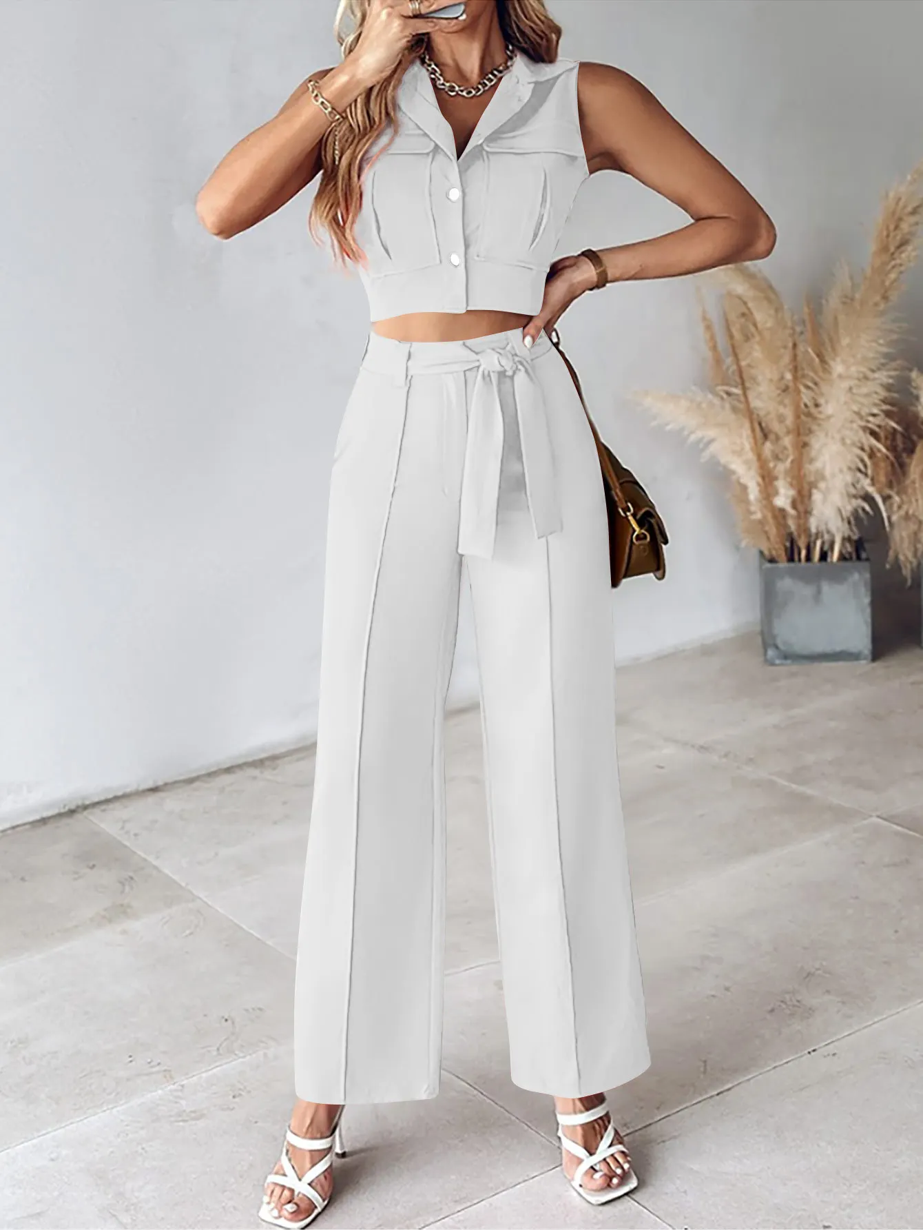 Fashion Solid Suit For Women Elegant Lapel Single Breasted Sleeveless Top Lace Up Straight Trousers Two Piece Set Summer New