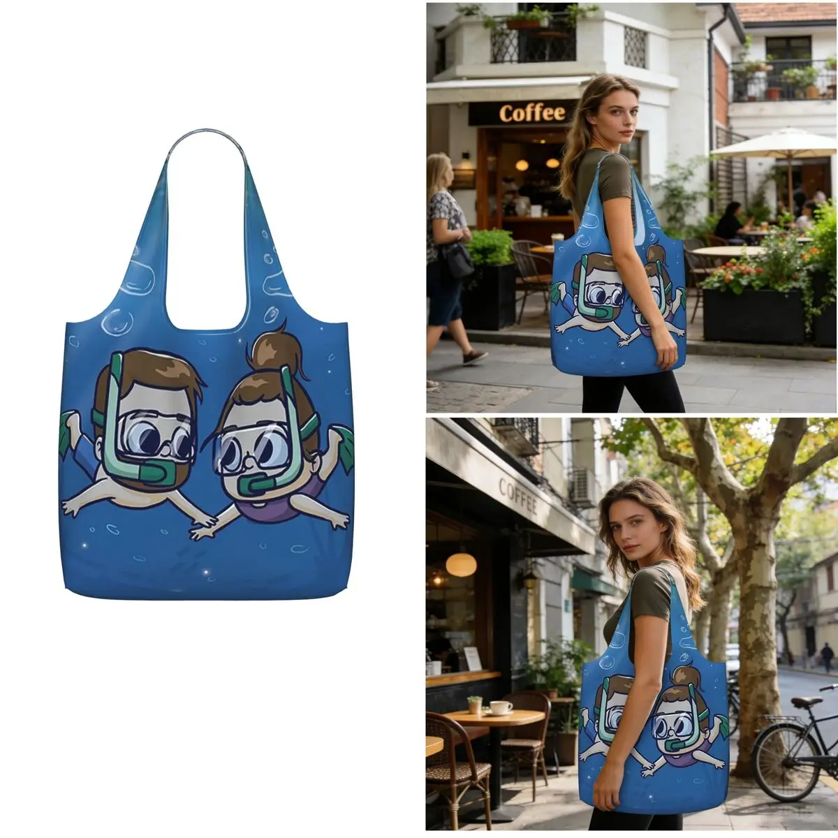 Under Water Couple - Pibubear Shopping Tote Bag Canvas Large Capacity Shoulder Bags Shopper Grocery Handbag for Women