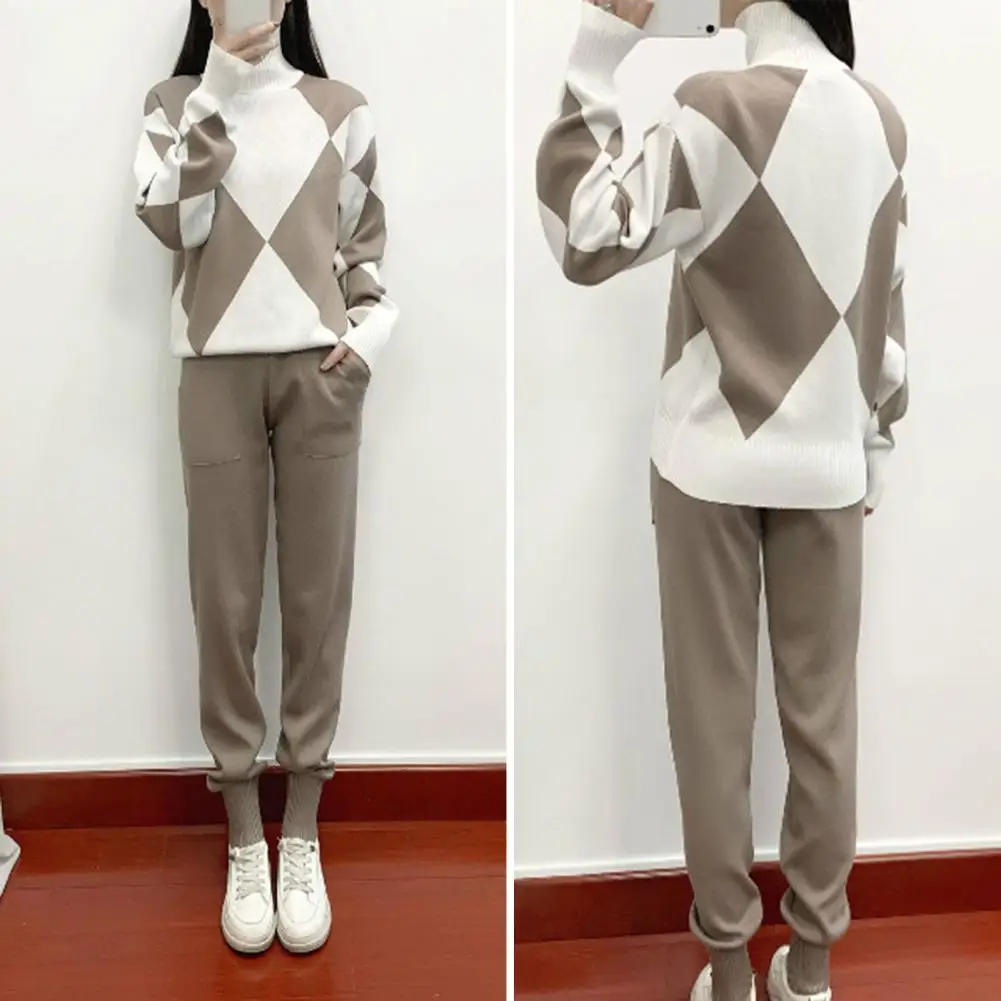 New Autumn Winter Women Knitted 2 Piece Set Long Sleeve O Neck Sportwear Pullover Sweater And Pocket Pant Suit 2 PCS Outfits