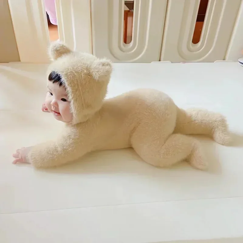 2pcs Lovely Bear Newborn Bodysuit Boy One-pieces Girl Winter Clothes Warm Baby Romper with Hat Mint Footies Jumpsuit Kids Outfit