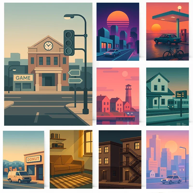 الحد الأدنى الرجعية المشهد الملصقات بكسل الفن سيتي سكيب يطبع حائط لوح رسم الفن صور غرفة المعيشة المنزلي ديكور حديث #1