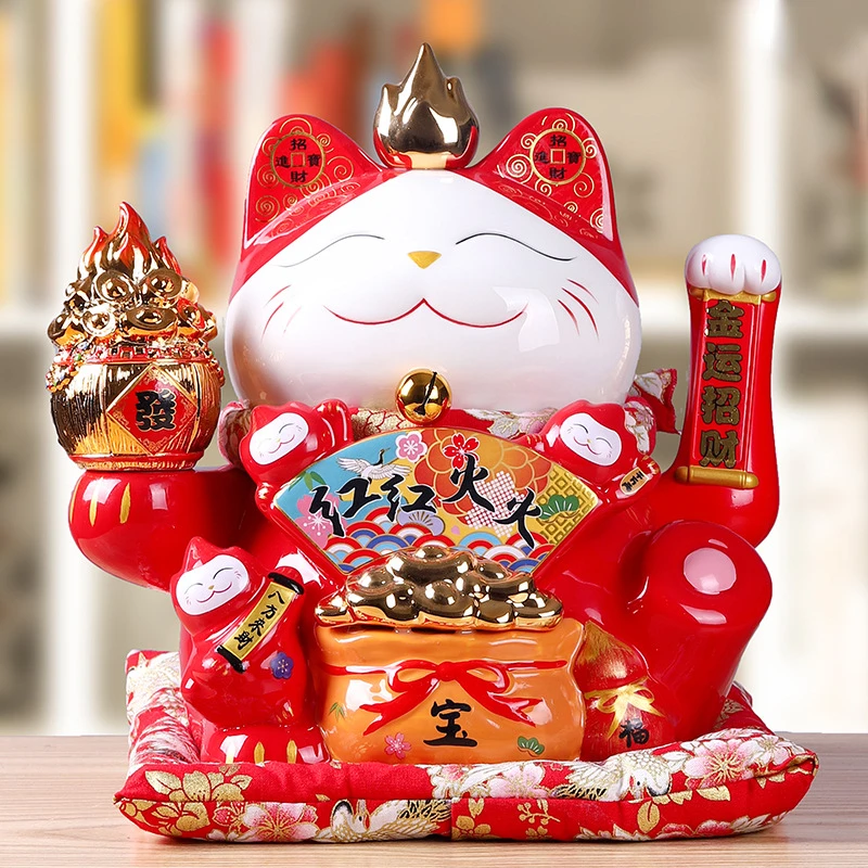 Japanese Lucky Cat Ceramic Fortune Cat, Electric Shaking Arm Beckoning Fortune, Maneki Neko Ornament, Home Fengshui Decor, 12