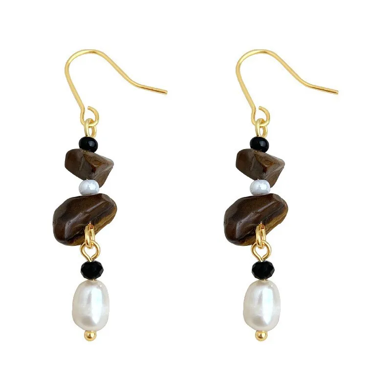 Artisan Crafted Freshwater Pearl Tiger Eye Stone Earrings Chinese Style Vintage Minimalist Long Tassel Drop Earrings for Women