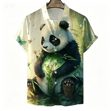 Minimalist Japanese Panda Short Sleeved Shirt for Men's Daily Commuting, Beach Travel, Lazy Style, Versatile Trendy Top