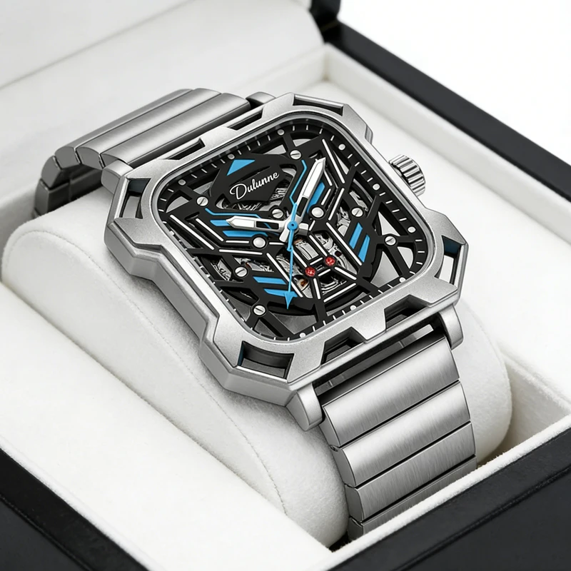 

Мужские автоматические часы 2026 с квадратным скелетонизированным циферблатом, люксовые механические часы для мужчин, светящиеся, водонепроницаемые, с цельным стальным ремешком, Relogio