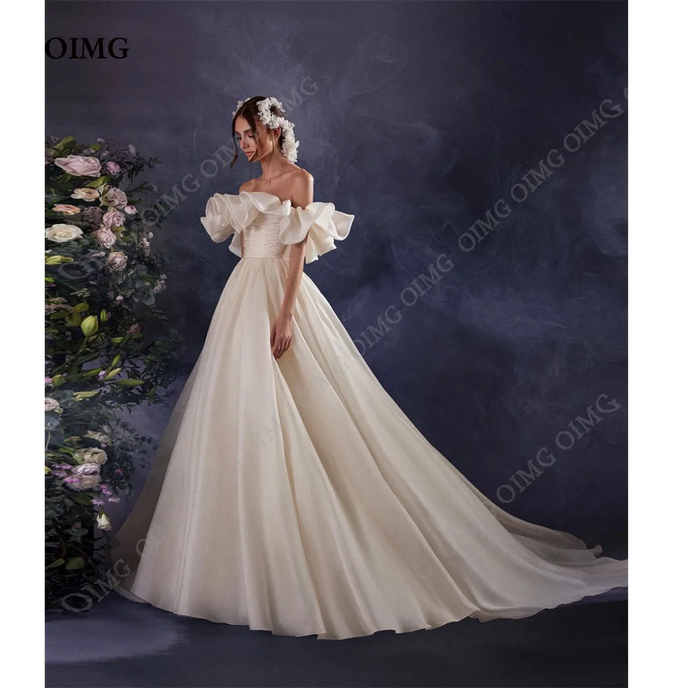 

OIMG Ivory A Line Wedding Dress For Women Off Shoulder Princes Dress Bridal Bride Gowns Dress Long Satin Vestido De Novia