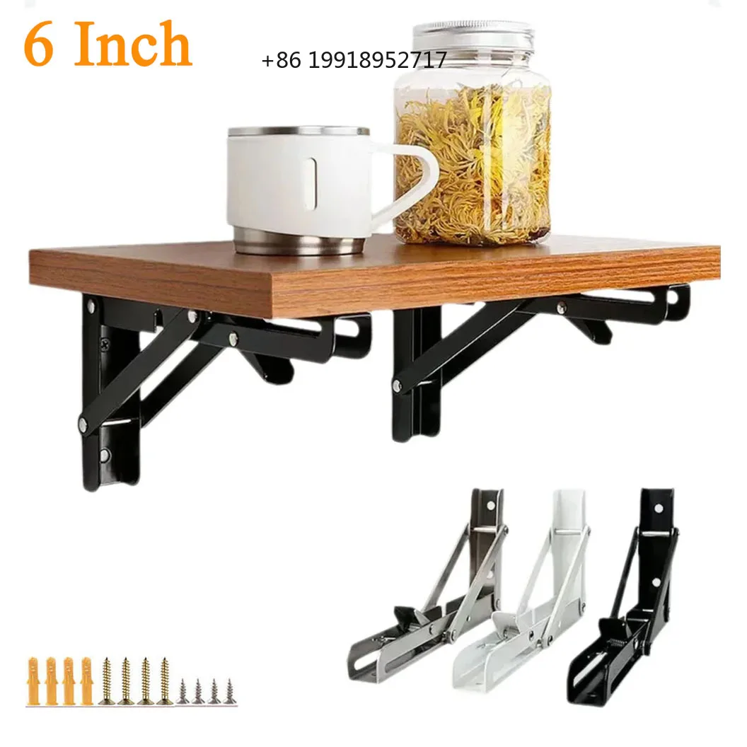 Folding Shelf Bracket 6 inch Triangle Straight Billy Bracket Collapsible Wall-Table Small Shelf Bracket for Table Work Bench