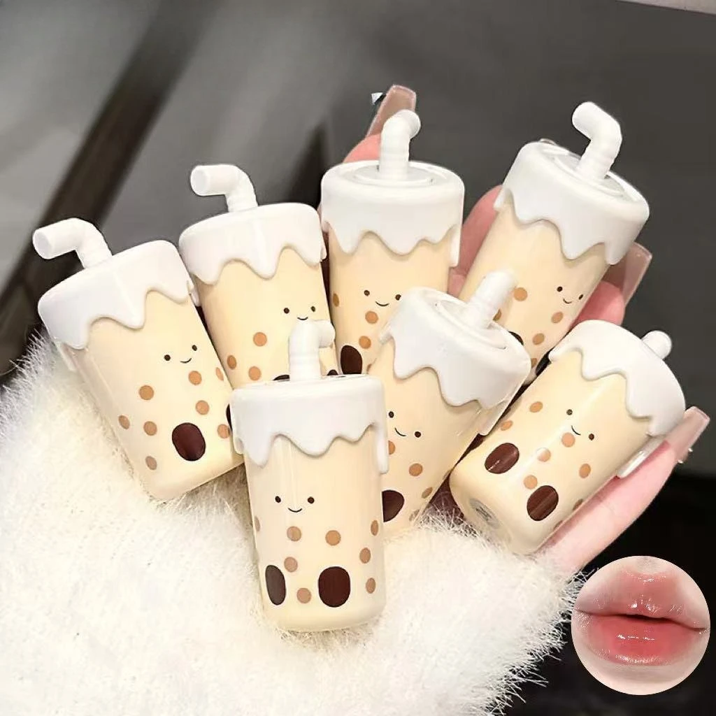 Water Gloss Lip Glaze Pearl Milk Tea Cute Design Mirror Shine Hydrating for Students Affordable Daily Makeup Portable