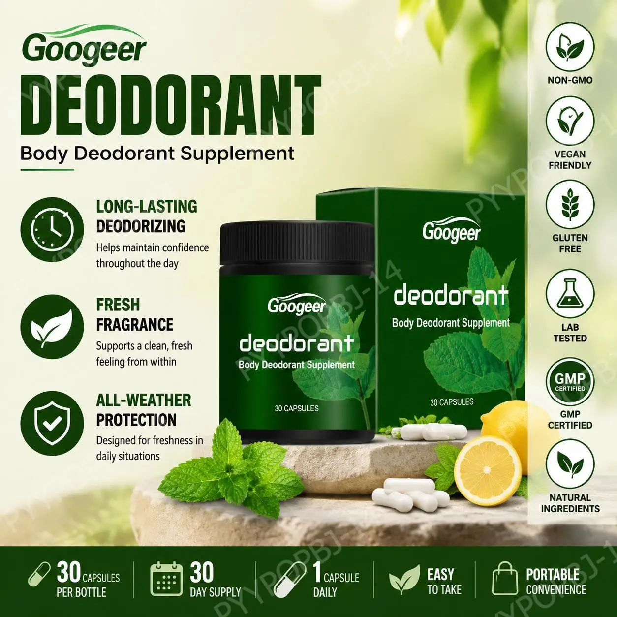 Googeer Body Deodorant Capsules with Vitamin C and Sodium for Long-lasting Deodorizing, All-weather Protection 30 Capsules