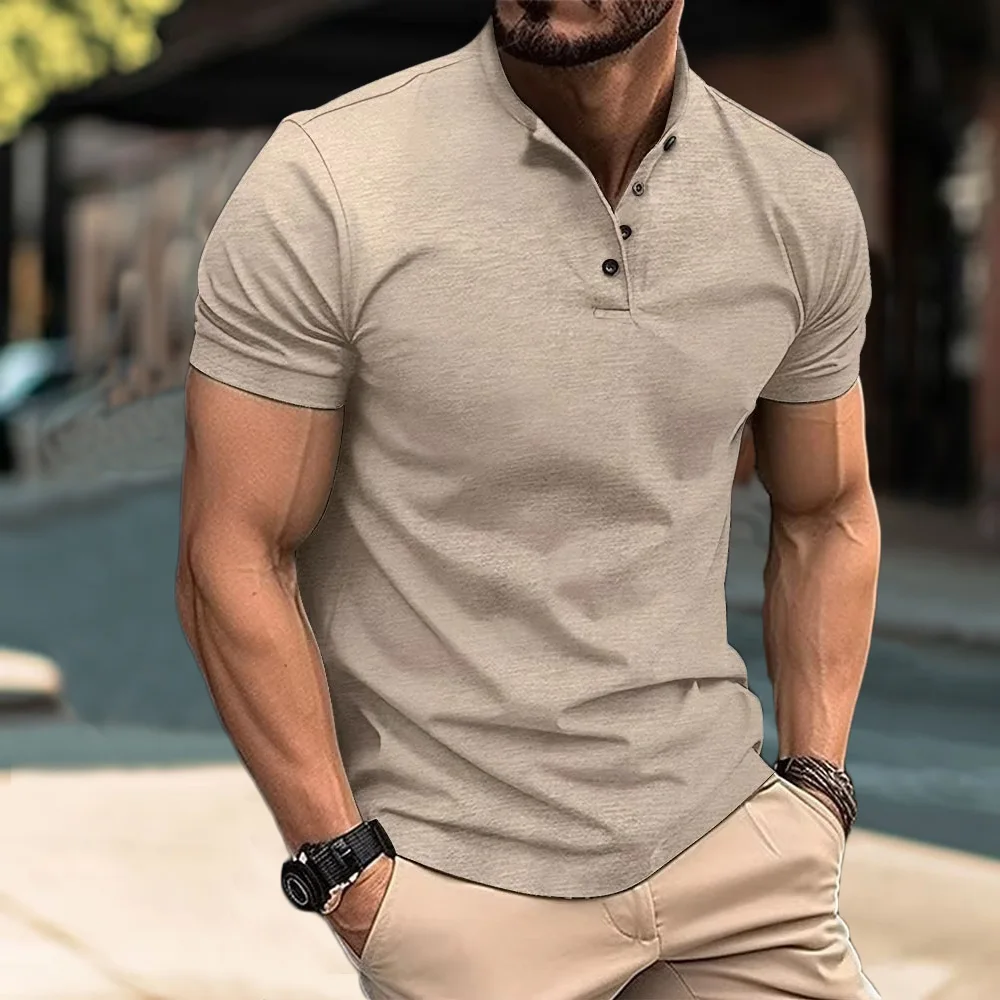 Men\'s Henry Collar Cotton Short Sleeve T-shirt Casual Solid PoIo Shirt Male Cozy Tees Slim Fit Dailywear Button Up Basic Tops