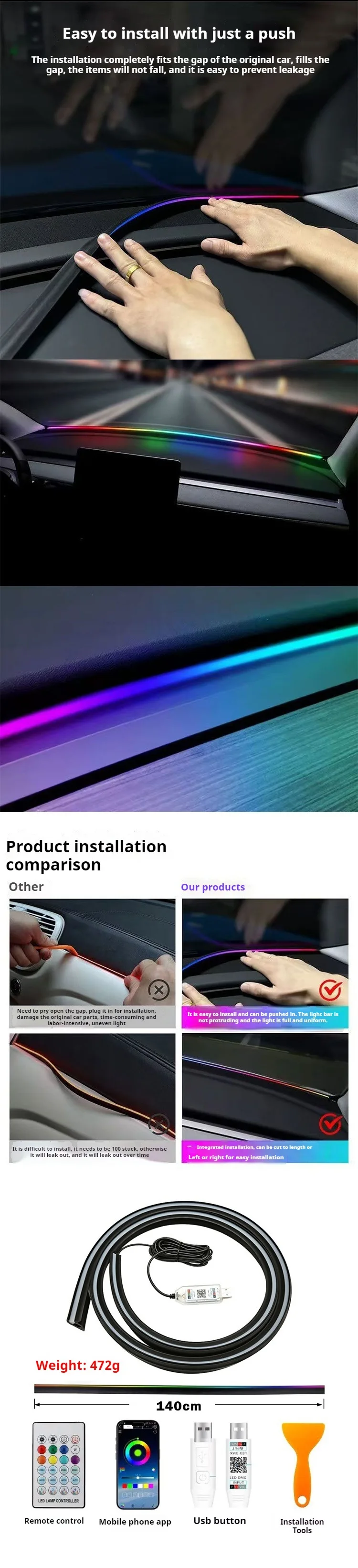 Acryl-Armaturenbrett-Durchgangs-Ambientelicht, Kabellose Innenraumbeleuchtung, Sprachgesteuertes USB-Licht – Detail 7