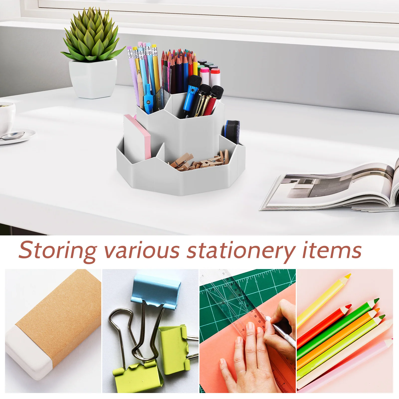Tempat Pena Putar untuk Meja dengan Banyak Kompartemen, Ruang Penyimpanan Luas, Tempat Pensil Alat Tulis Terorganisir, Organizer Meja